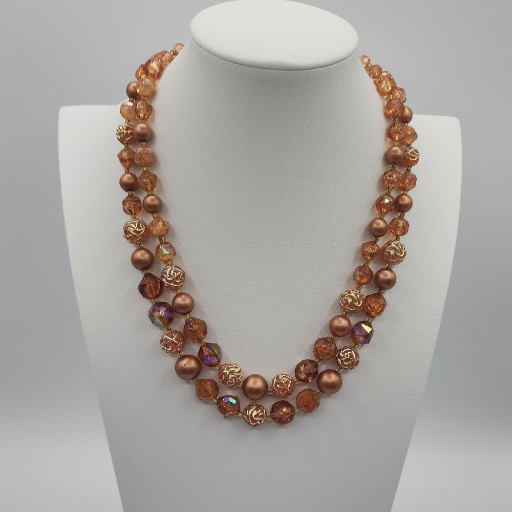 Vintage Western Germany Orange And Golden Beaded Necklace